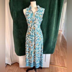 MSK Teal and White Floral Collared Midi Dress with Orange Accents